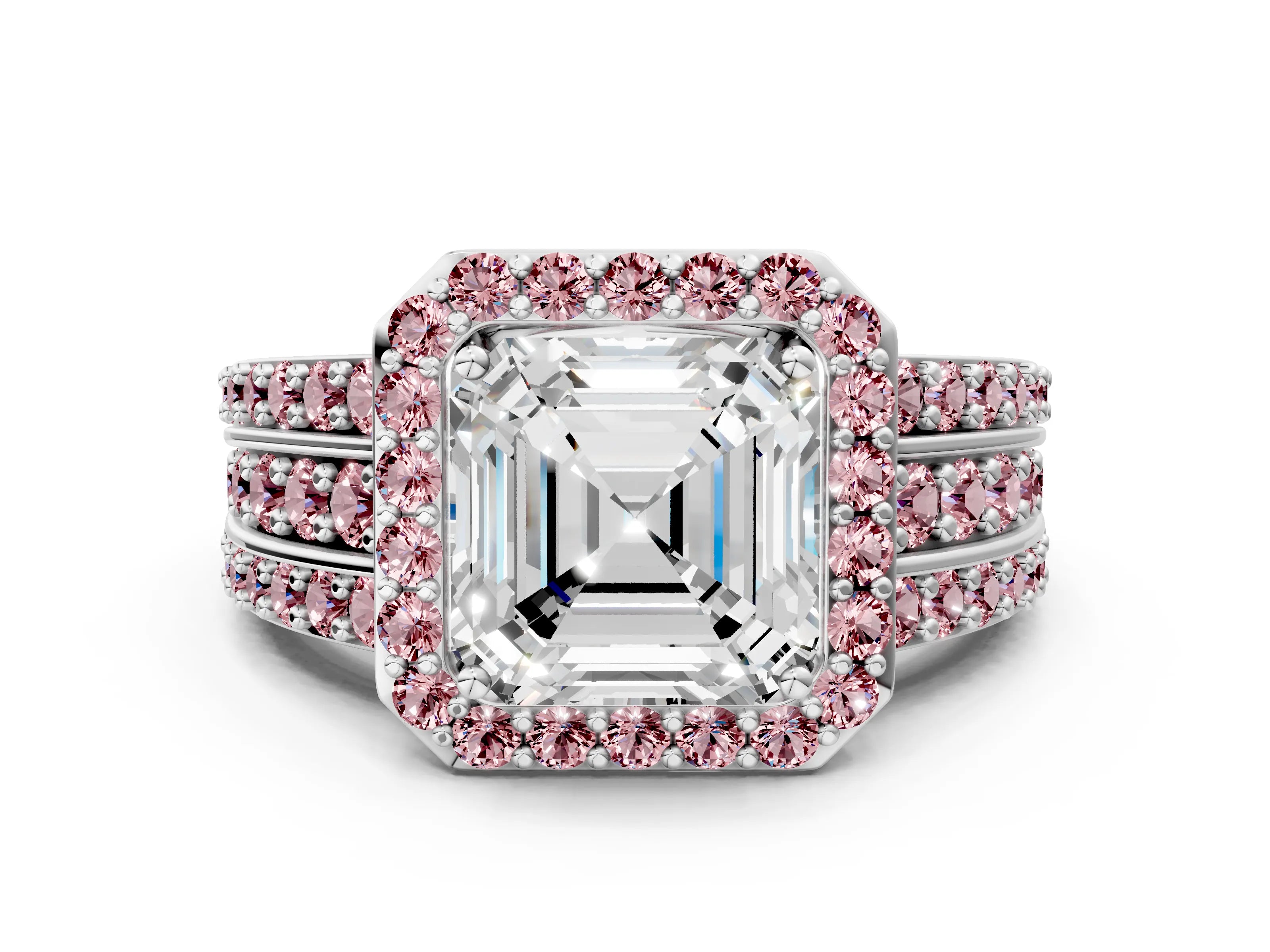 White gold Asscher Cut Halo Diamond Ring with Round with Morganite side stone Split Shank and Prong Setting_36