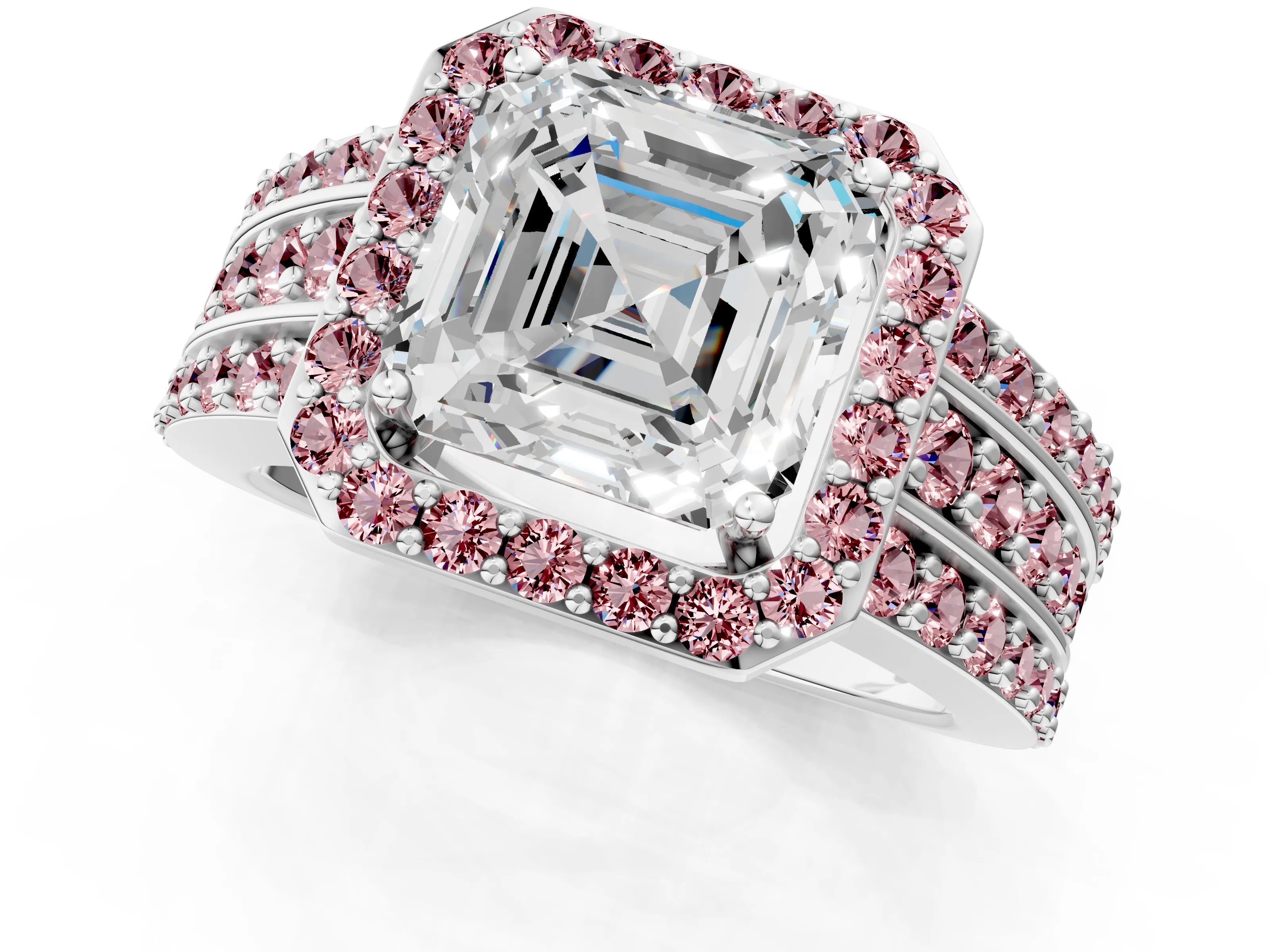 White gold Asscher Cut Halo Diamond Ring with Round with Morganite side stone Split Shank and Prong Setting_37