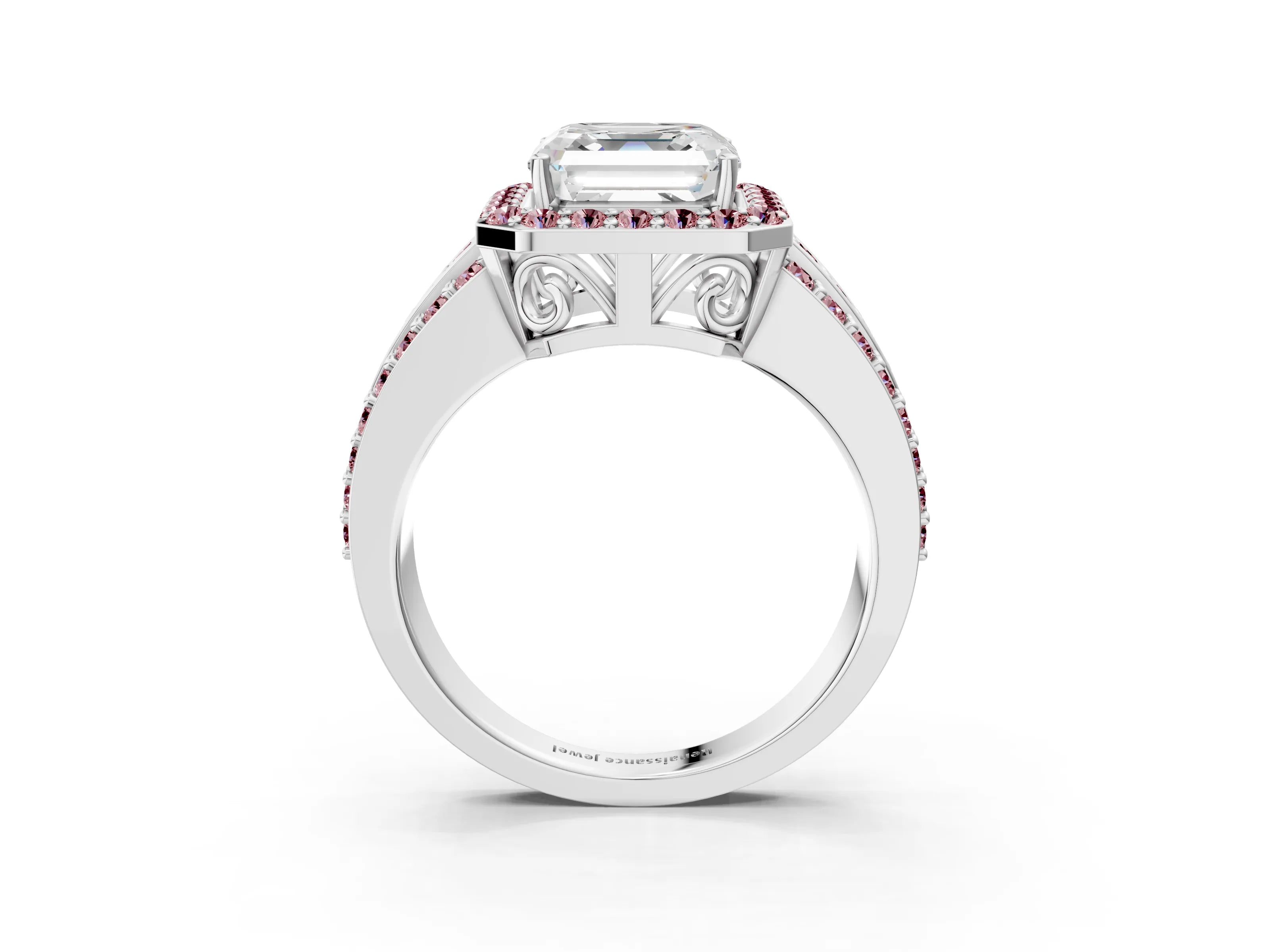 White gold Asscher Cut Halo Diamond Ring with Round with Morganite side stone Split Shank and Prong Setting_39