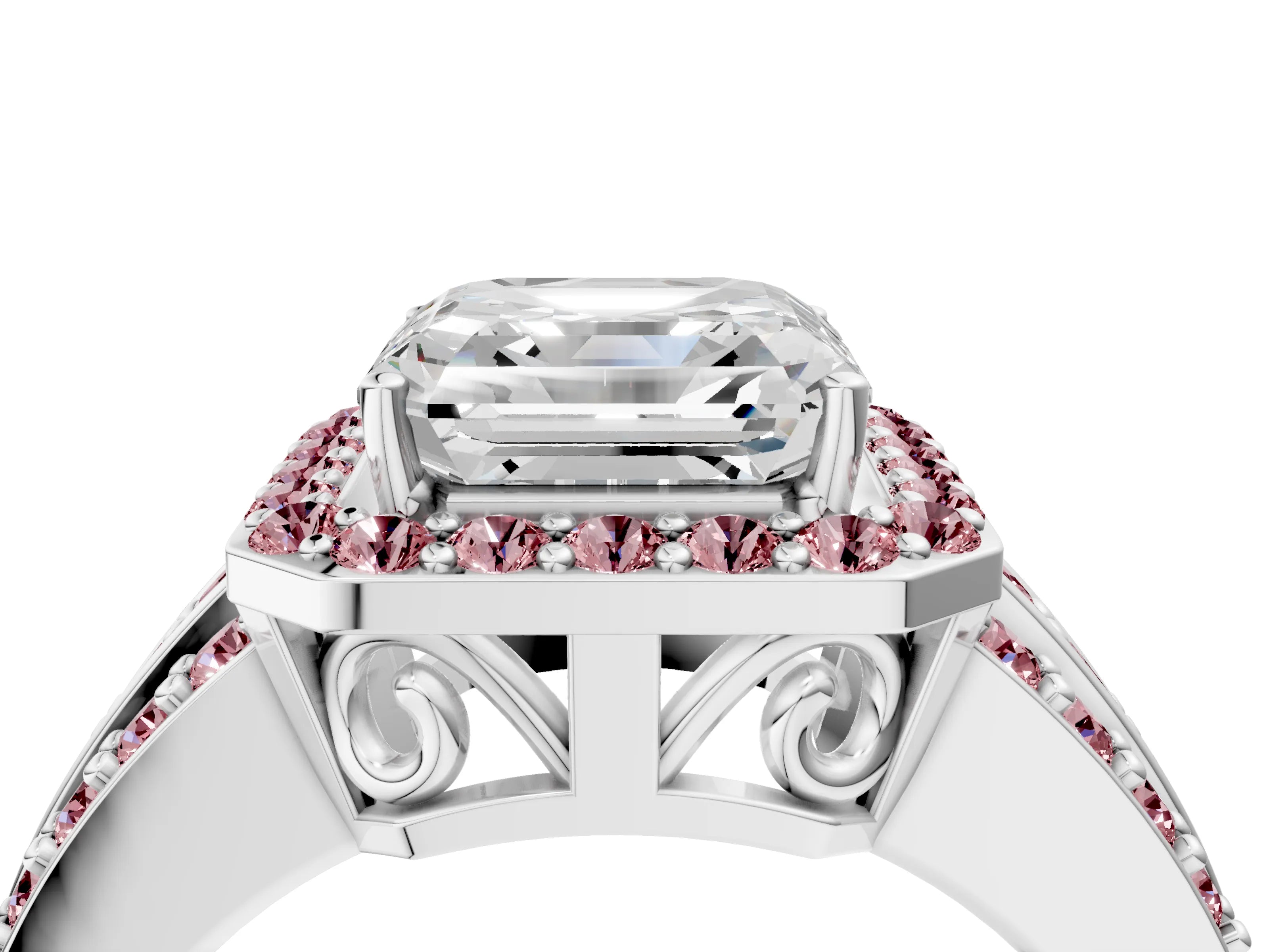 White gold Asscher Cut Halo Diamond Ring with Round with Morganite side stone Split Shank and Prong Setting_40