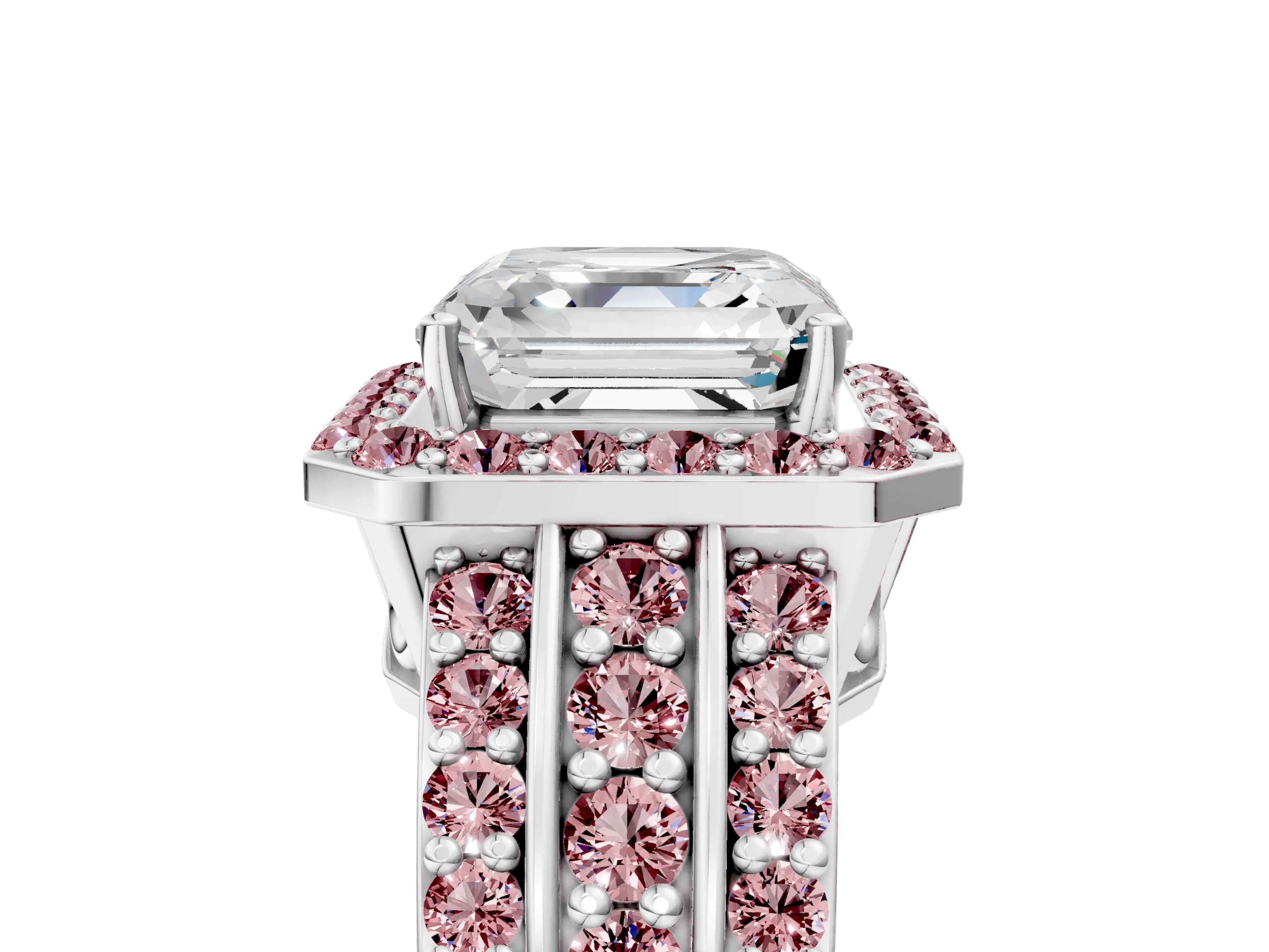White gold Asscher Cut Halo Diamond Ring with Round with Morganite side stone Split Shank and Prong Setting_41