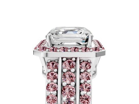 White gold Asscher Cut Halo Diamond Ring with Round with Morganite side stone Split Shank and Prong Setting_41
