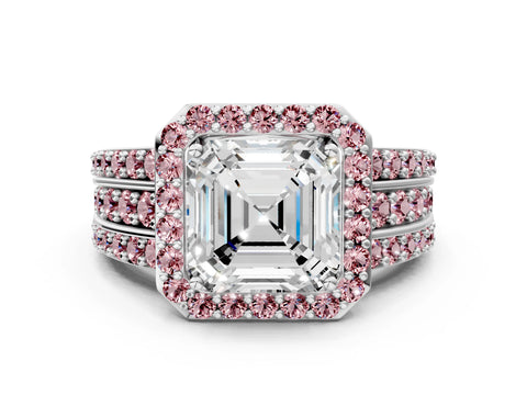 White gold Asscher Cut Halo Diamond Ring with Round with Morganite side stone Split Shank and Prong Setting_48