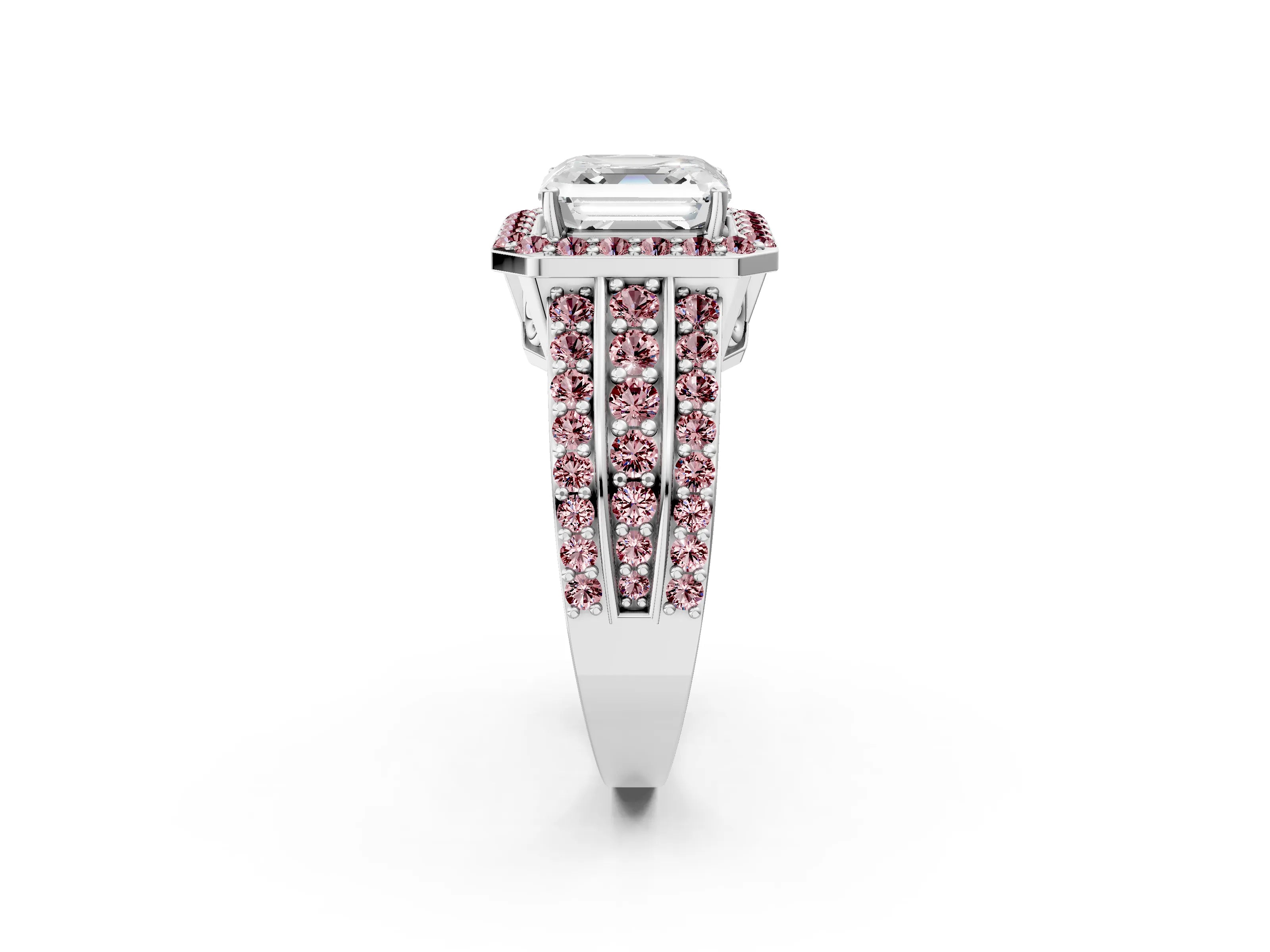 White gold Asscher Cut Halo Diamond Ring with Round with Morganite side stone Split Shank and Prong Setting_50