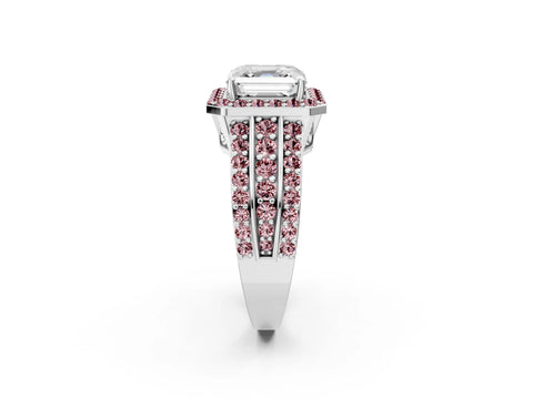 White gold Asscher Cut Halo Diamond Ring with Round with Morganite side stone Split Shank and Prong Setting_50