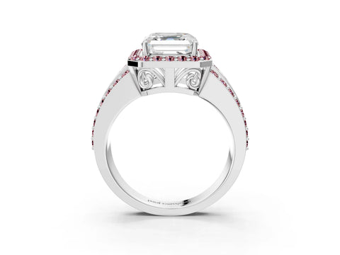 White gold Asscher Cut Halo Diamond Ring with Round with Morganite side stone Split Shank and Prong Setting_51