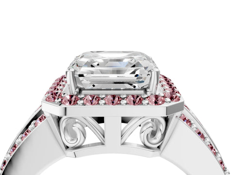 White gold Asscher Cut Halo Diamond Ring with Round with Morganite side stone Split Shank and Prong Setting_52