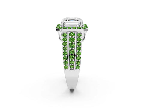 White gold Asscher Cut Halo Diamond Ring with Round with Peridot side stone Split Shank and Prong Setting_14