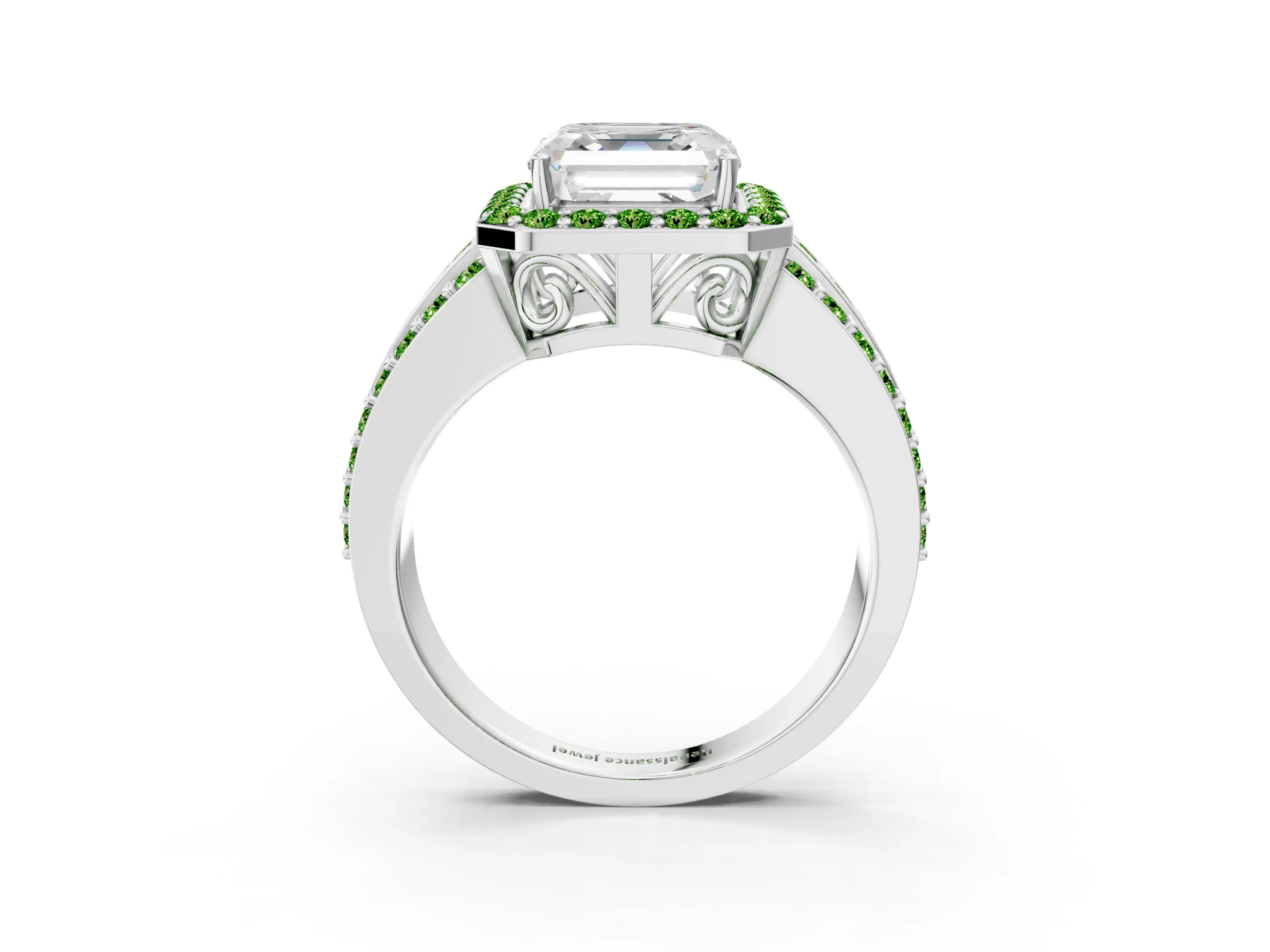 White gold Asscher Cut Halo Diamond Ring with Round with Peridot side stone Split Shank and Prong Setting_15