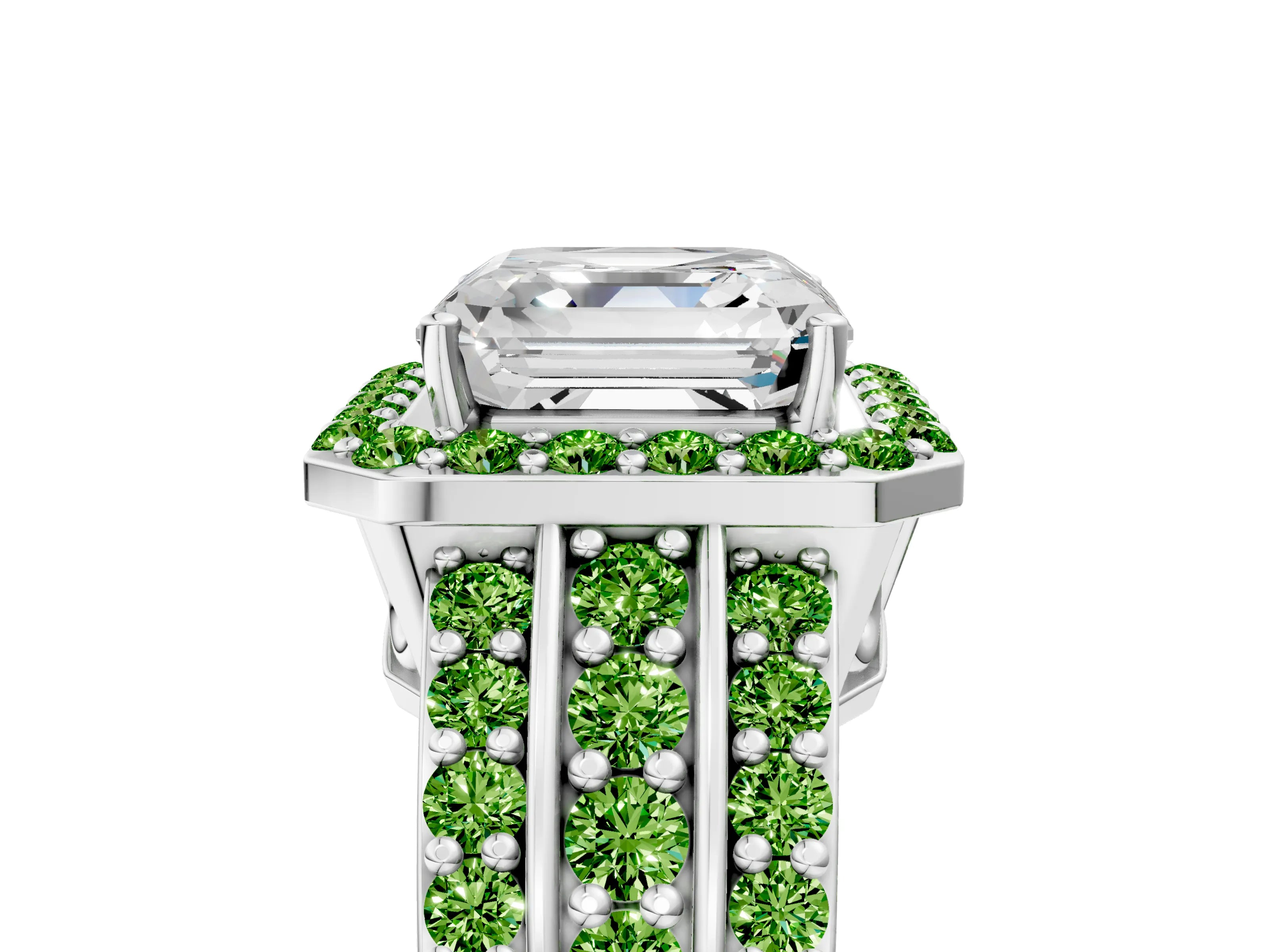 White gold Asscher Cut Halo Diamond Ring with Round with Peridot side stone Split Shank and Prong Setting_17