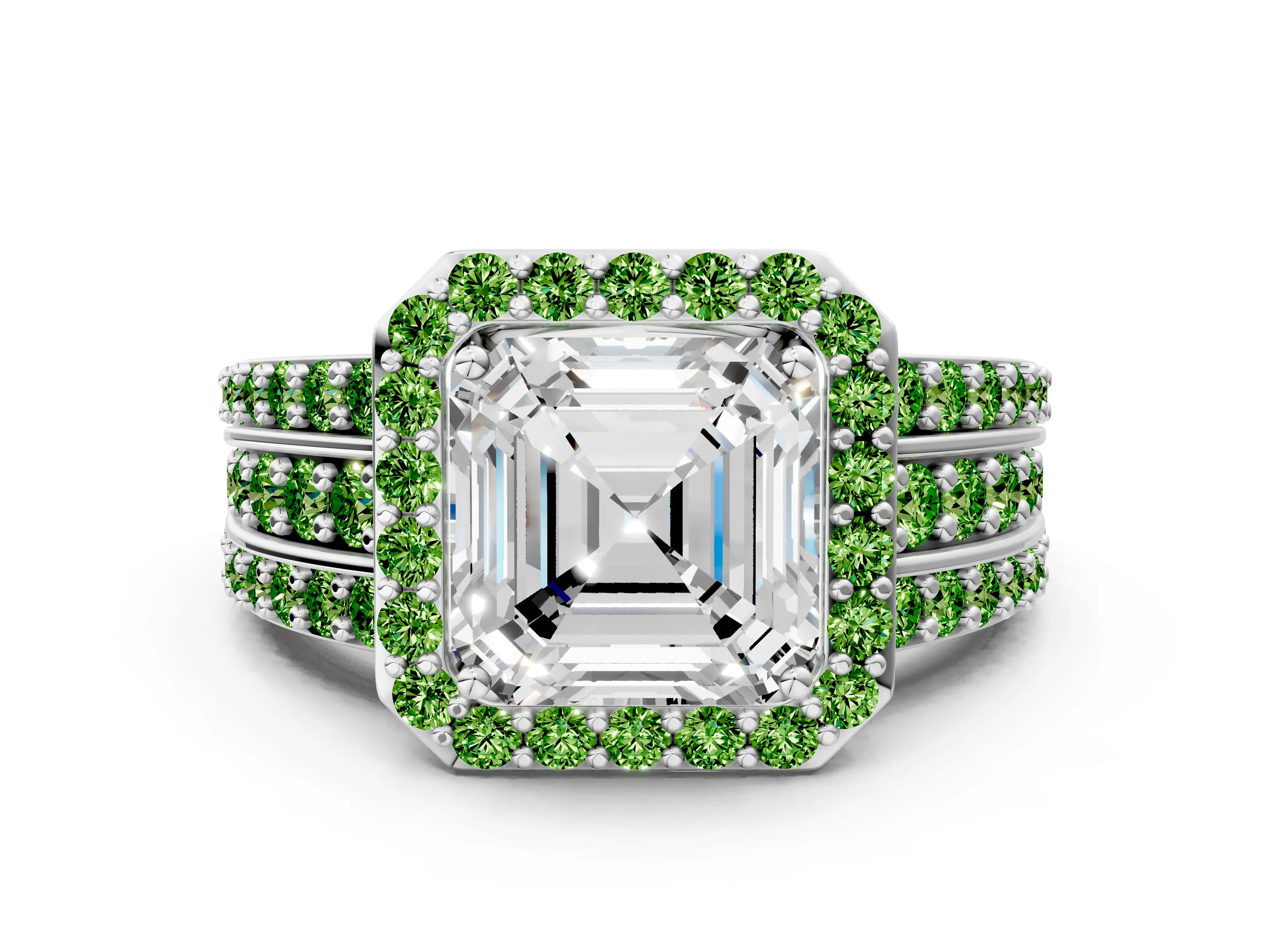 White gold Asscher Cut Halo Diamond Ring with Round with Peridot side stone Split Shank and Prong Setting_24