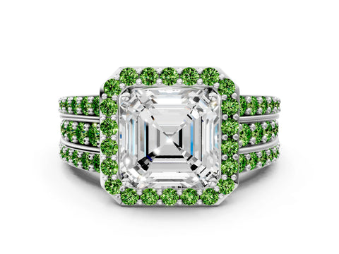 White gold Asscher Cut Halo Diamond Ring with Round with Peridot side stone Split Shank and Prong Setting_24