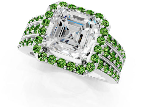 White gold Asscher Cut Halo Diamond Ring with Round with Peridot side stone Split Shank and Prong Setting_25