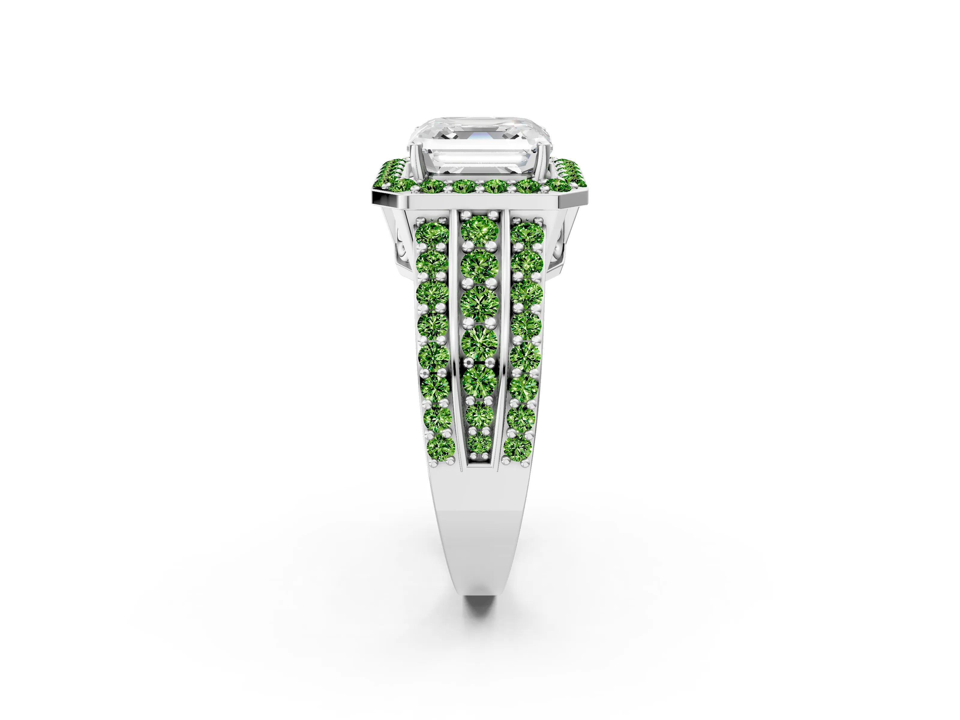 White gold Asscher Cut Halo Diamond Ring with Round with Peridot side stone Split Shank and Prong Setting_26