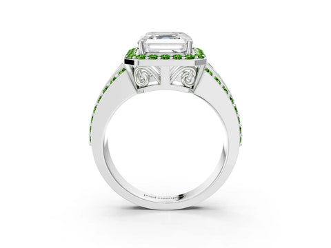 White gold Asscher Cut Halo Diamond Ring with Round with Peridot side stone Split Shank and Prong Setting_27