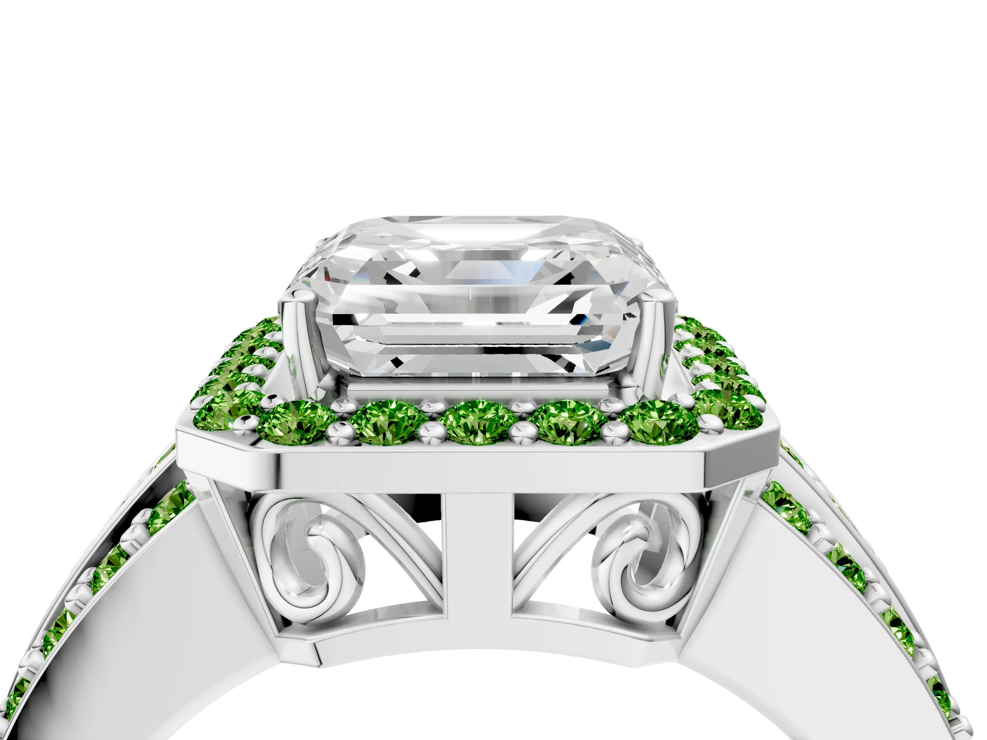 White gold Asscher Cut Halo Diamond Ring with Round with Peridot side stone Split Shank and Prong Setting_28