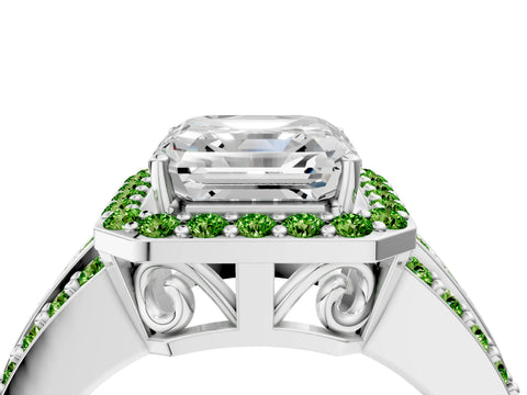 White gold Asscher Cut Halo Diamond Ring with Round with Peridot side stone Split Shank and Prong Setting_28