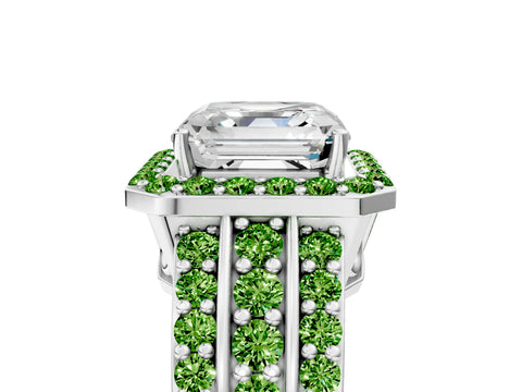 White gold Asscher Cut Halo Diamond Ring with Round with Peridot side stone Split Shank and Prong Setting_29