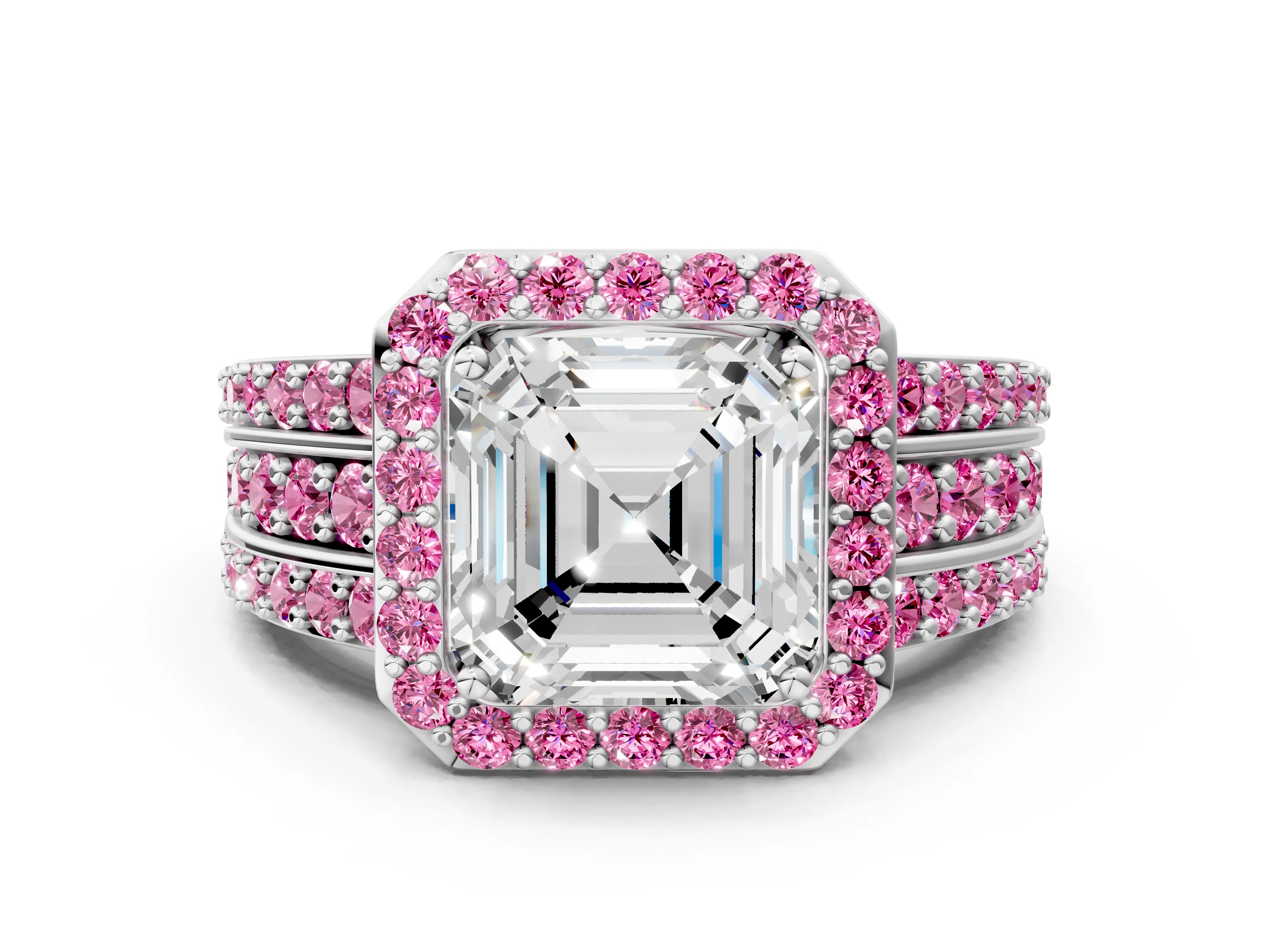 White gold Asscher Cut Halo Diamond Ring with Round with Pink Sapphire side stone Split Shank and Prong Setting_24