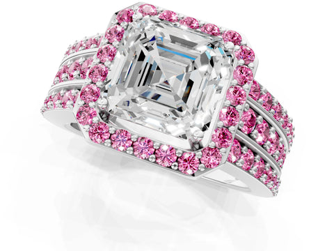 White gold Asscher Cut Halo Diamond Ring with Round with Pink Sapphire side stone Split Shank and Prong Setting_25