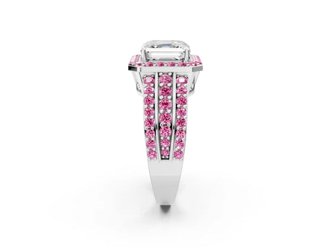 White gold Asscher Cut Halo Diamond Ring with Round with Pink Sapphire side stone Split Shank and Prong Setting_26