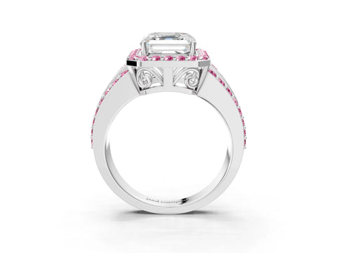 White gold Asscher Cut Halo Diamond Ring with Round with Pink Sapphire side stone Split Shank and Prong Setting_27