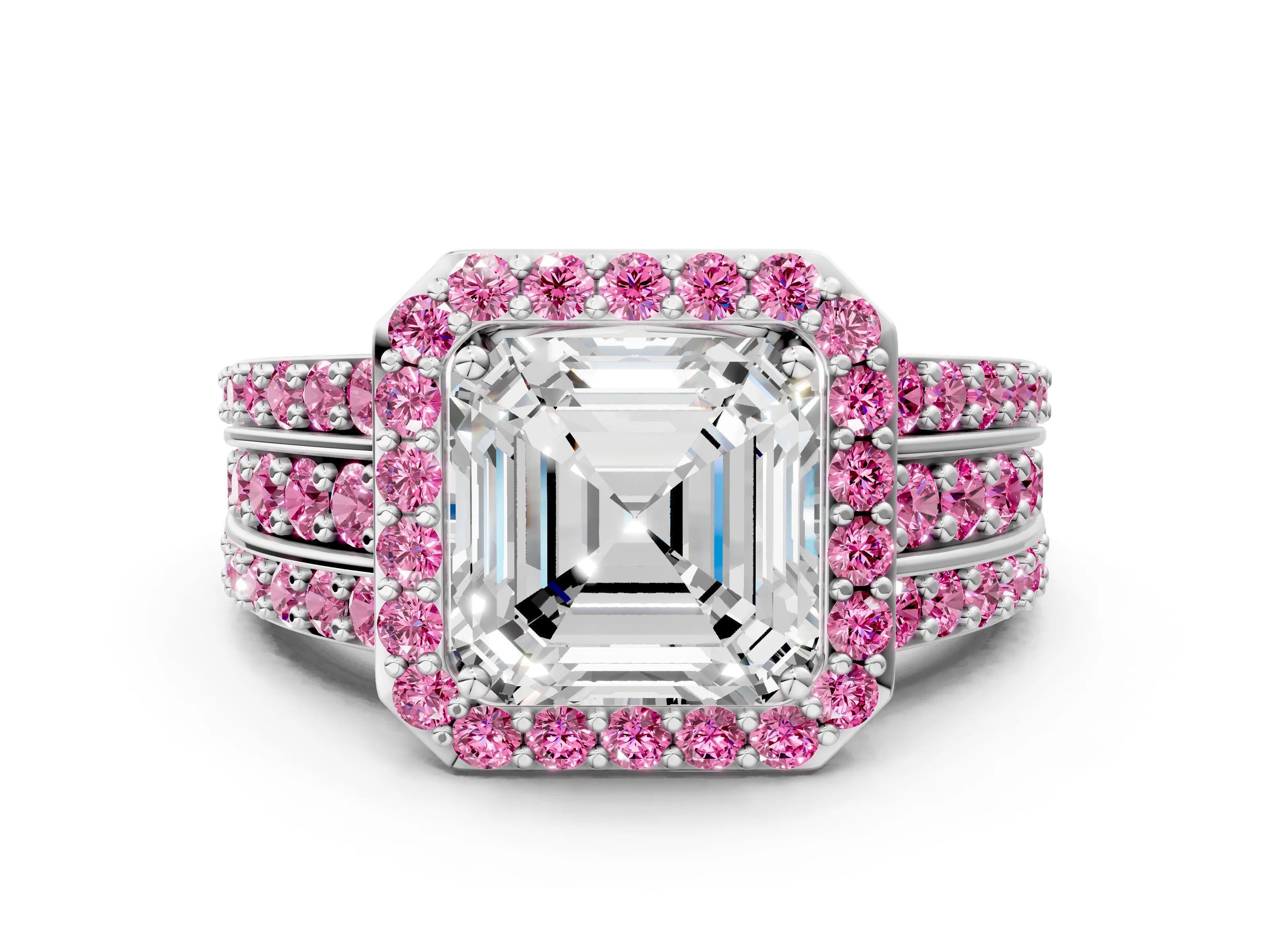 White gold Asscher Cut Halo Diamond Ring with Round with Pink Sapphire side stone Split Shank and Prong Setting_30
