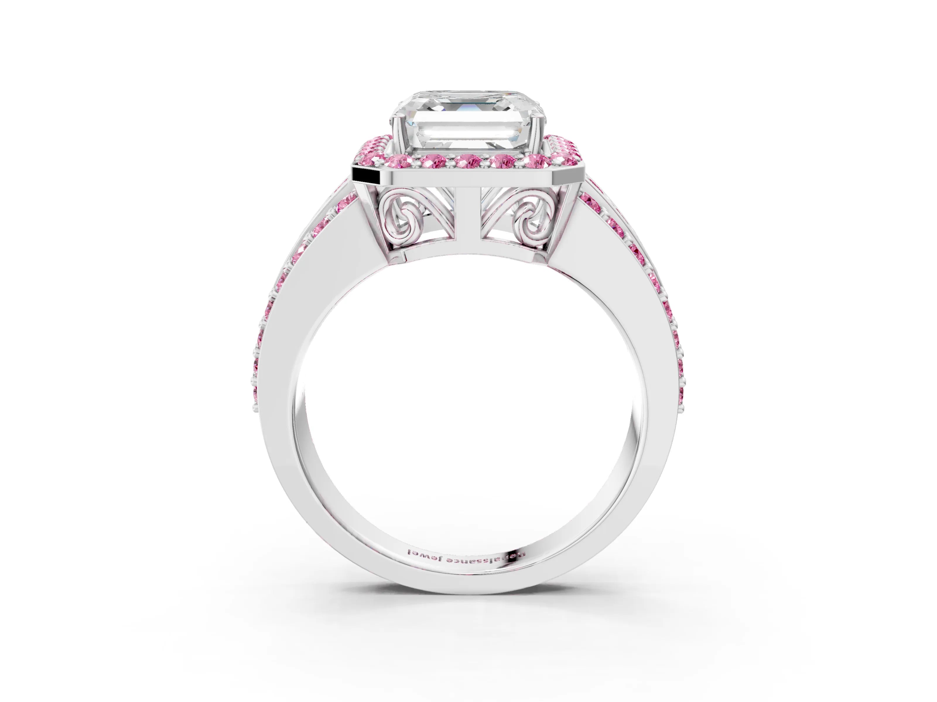 White gold Asscher Cut Halo Diamond Ring with Round with Pink Sapphire side stone Split Shank and Prong Setting_33