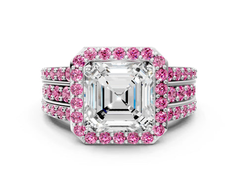 White gold Asscher Cut Halo Diamond Ring with Round with Pink Sapphire side stone Split Shank and Prong Setting_36