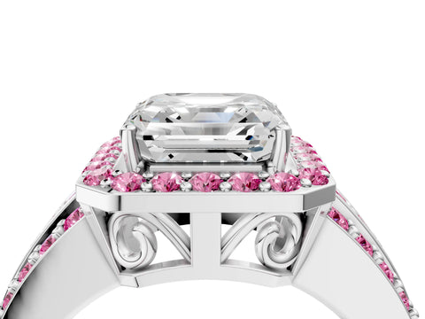 White gold Asscher Cut Halo Diamond Ring with Round with Pink Sapphire side stone Split Shank and Prong Setting_37