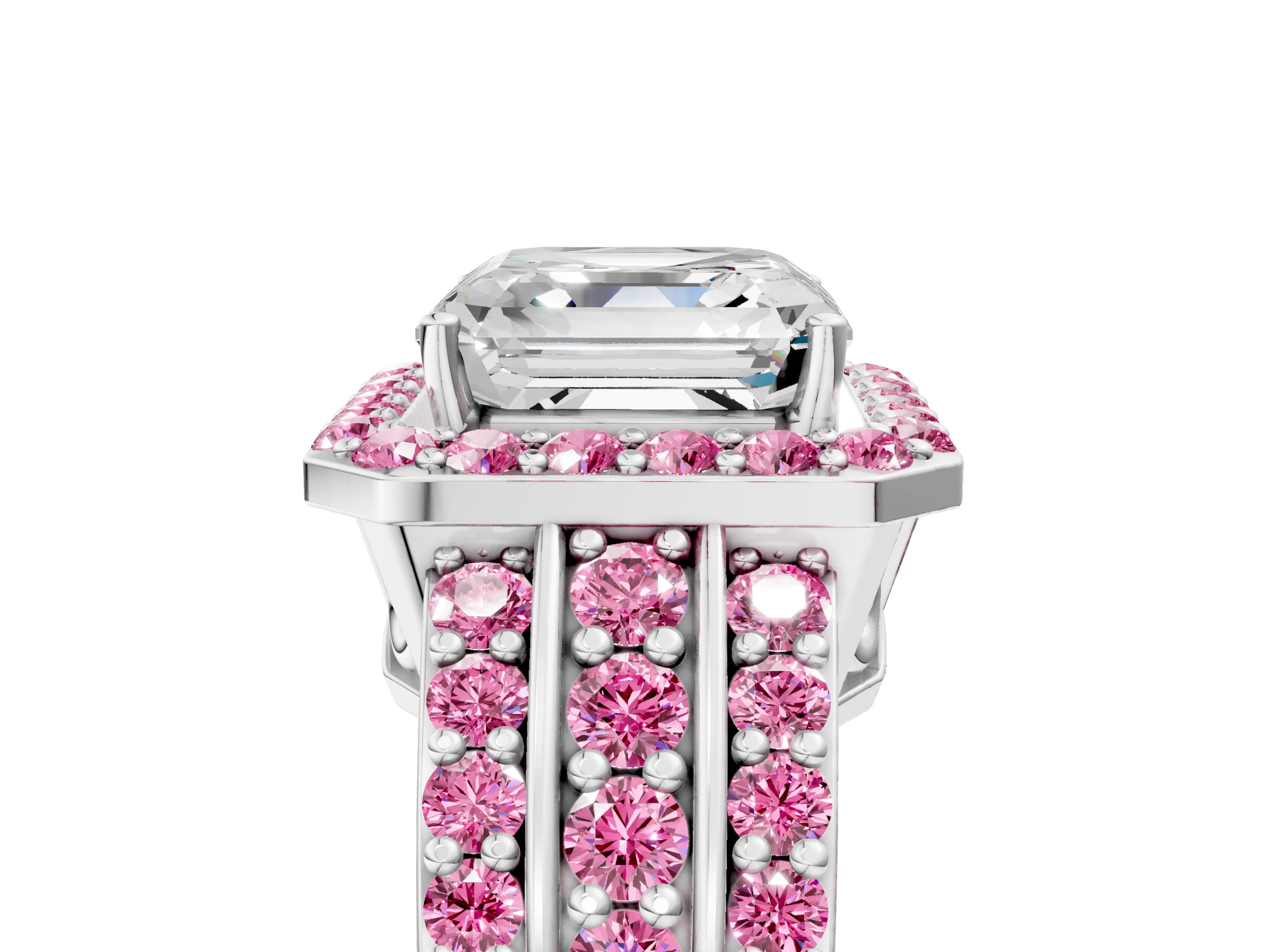 White gold Asscher Cut Halo Diamond Ring with Round with Pink Sapphire side stone Split Shank and Prong Setting_38