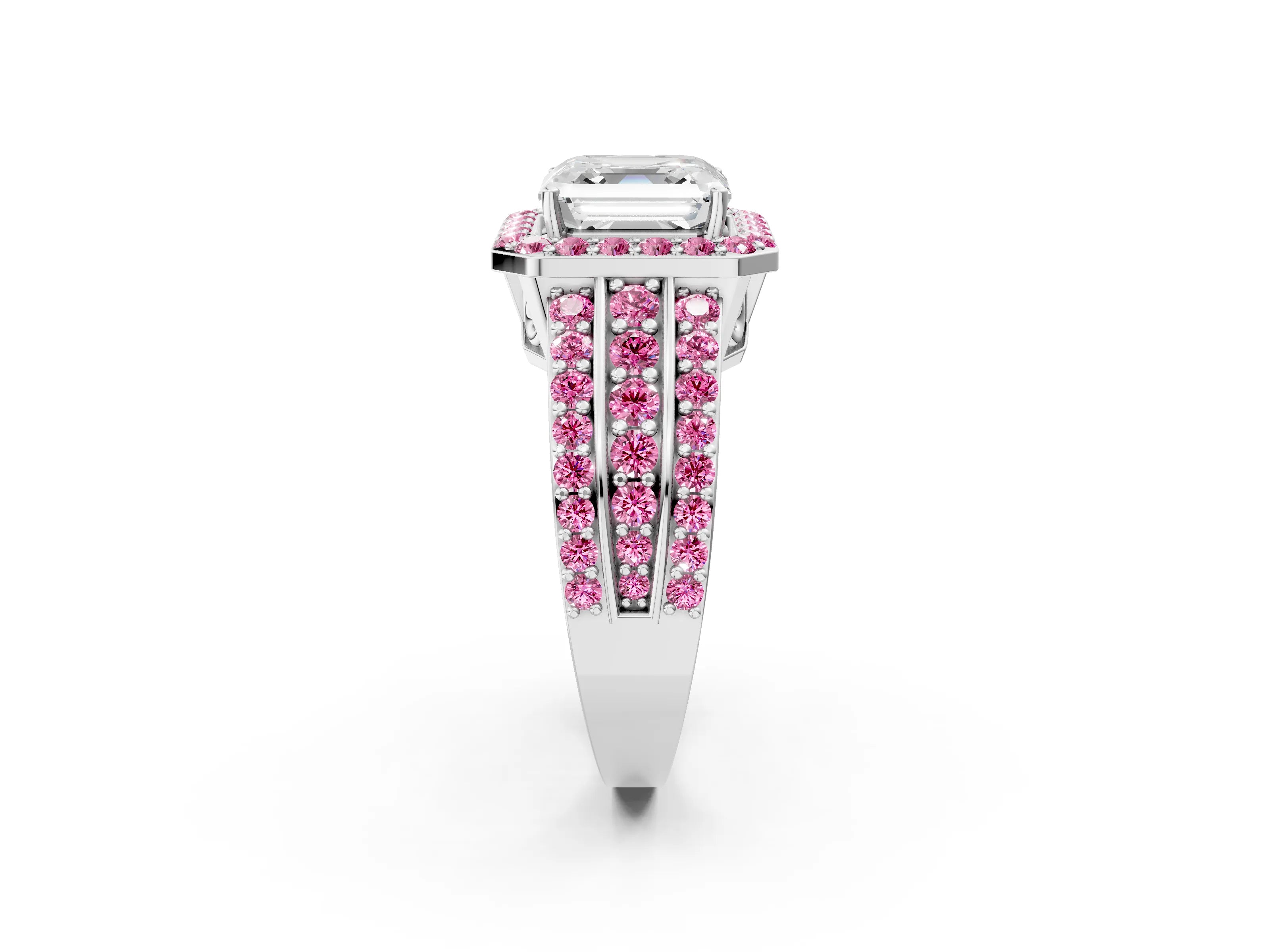 White gold Asscher Cut Halo Diamond Ring with Round with Pink Sapphire side stone Split Shank and Prong Setting_38