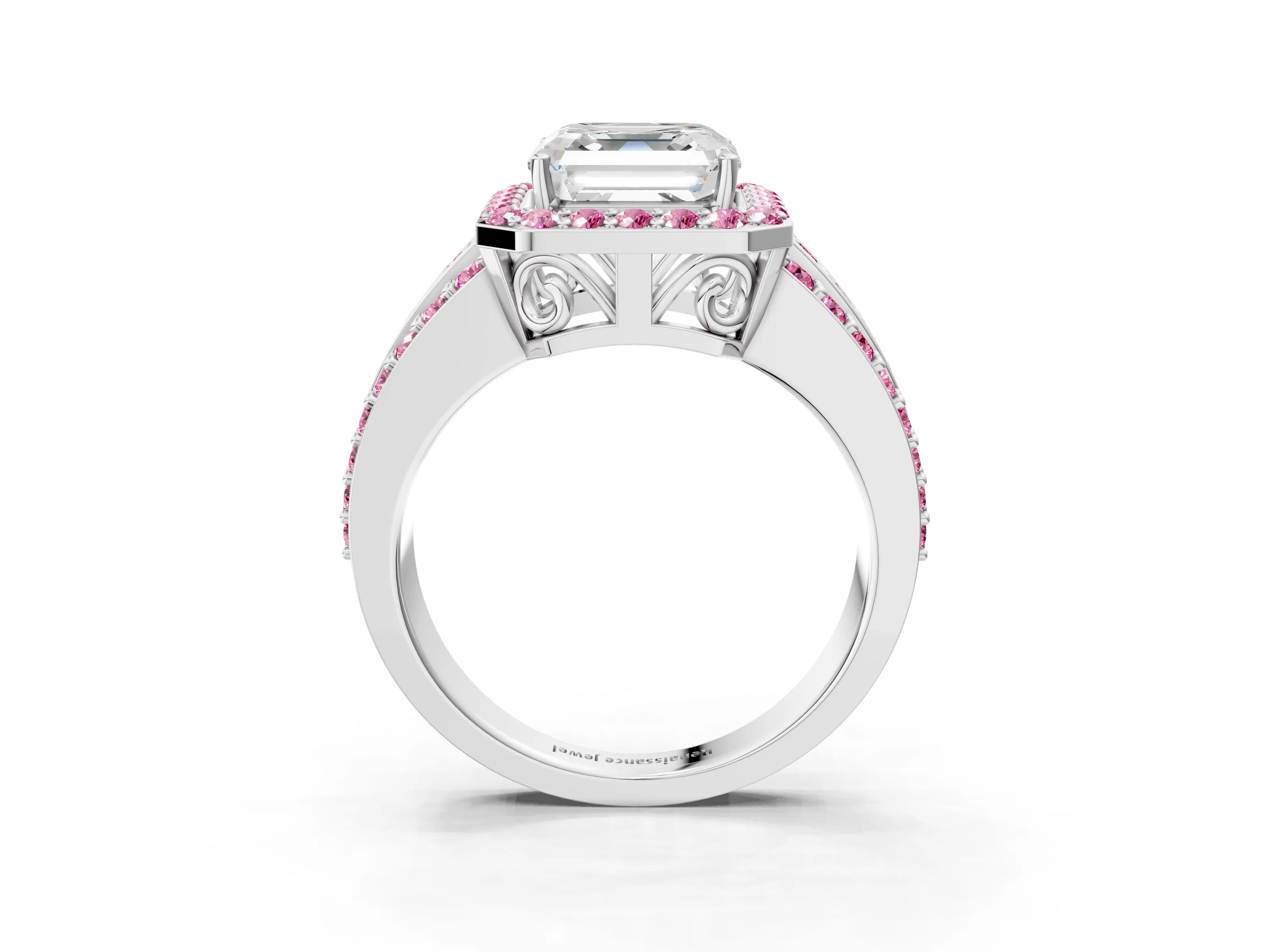 White gold Asscher Cut Halo Diamond Ring with Round with Pink Sapphire side stone Split Shank and Prong Setting_39