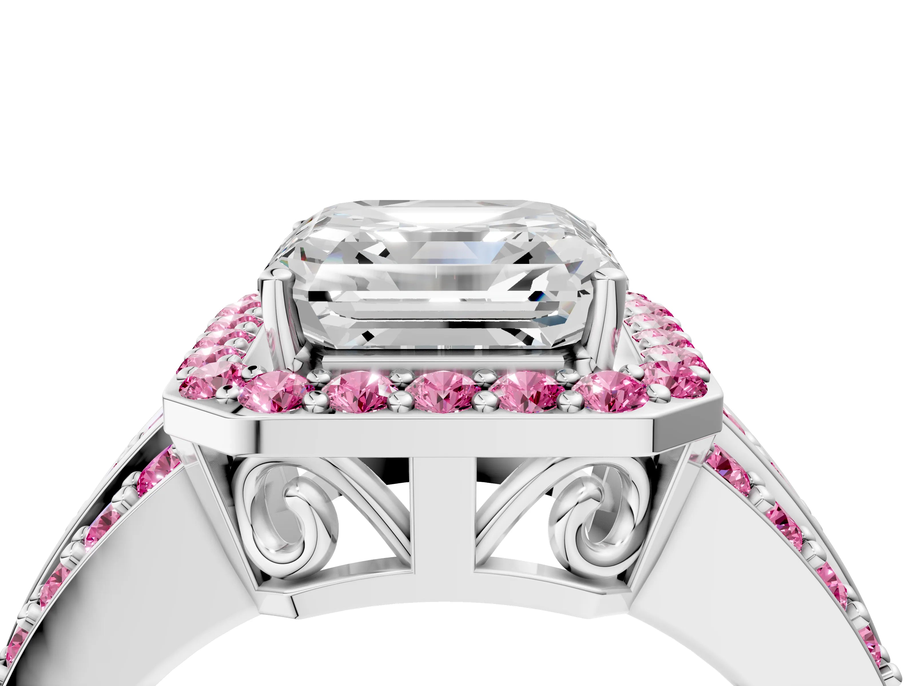 White gold Asscher Cut Halo Diamond Ring with Round with Pink Sapphire side stone Split Shank and Prong Setting_40