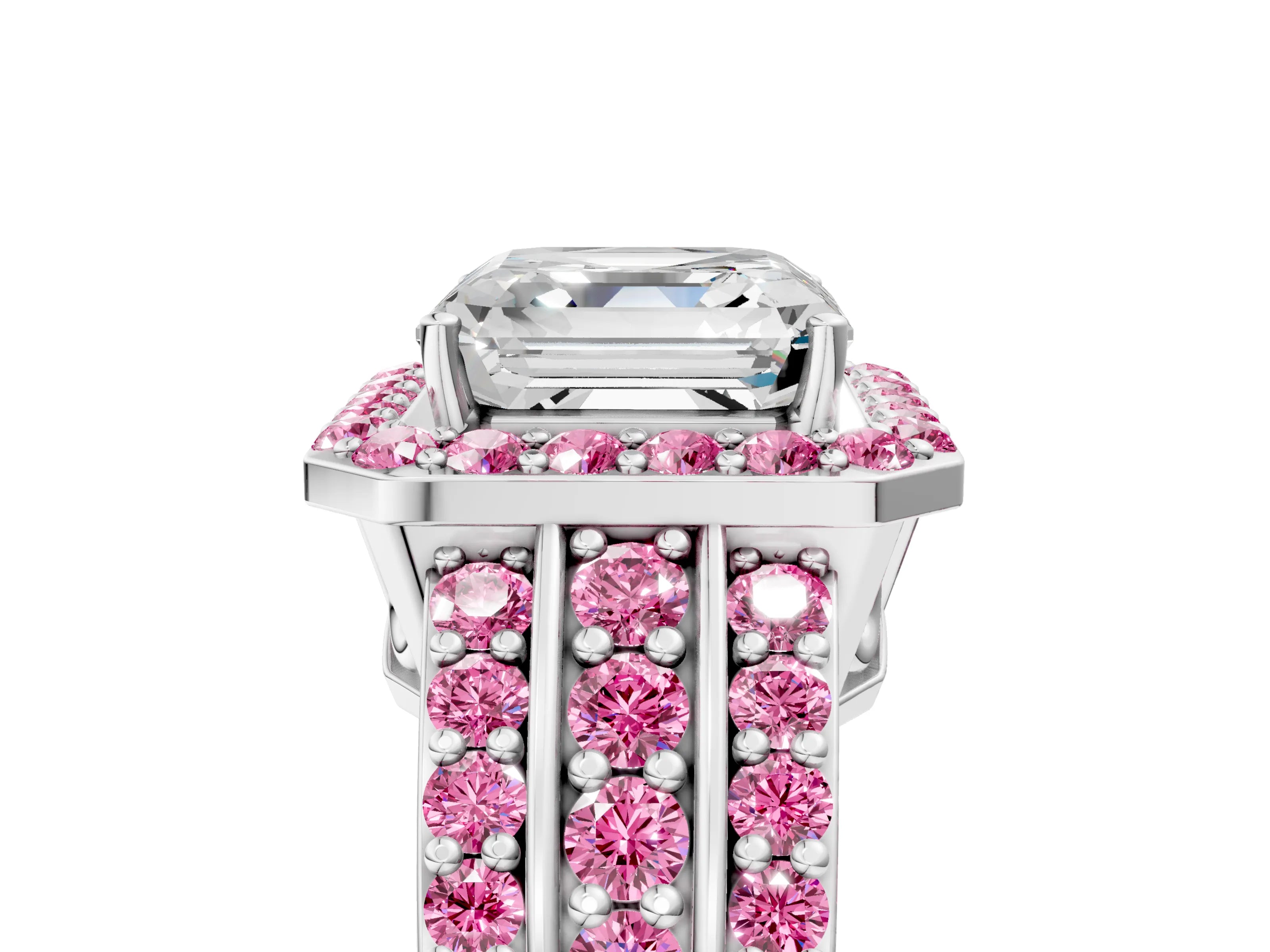White gold Asscher Cut Halo Diamond Ring with Round with Pink Sapphire side stone Split Shank and Prong Setting_41