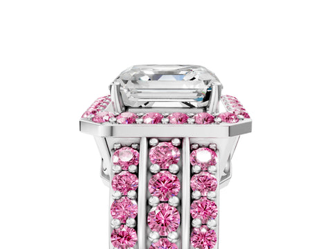 White gold Asscher Cut Halo Diamond Ring with Round with Pink Sapphire side stone Split Shank and Prong Setting_41