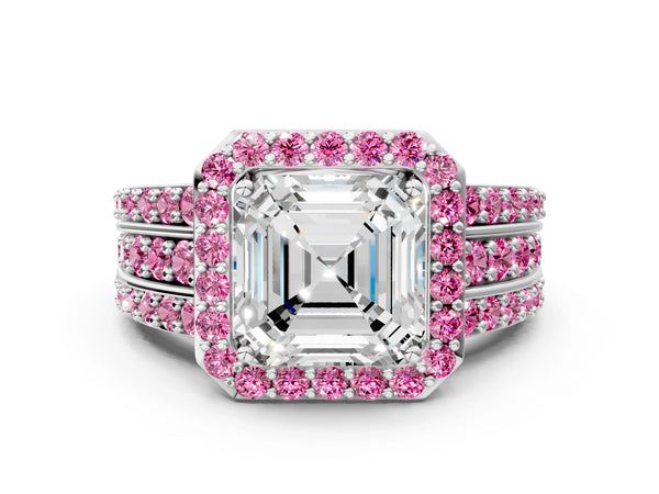 White Gold Asscher Cut Halo Engagement Ring Setting with Lab-Grown Pink Sapphire Three Row Pave Band