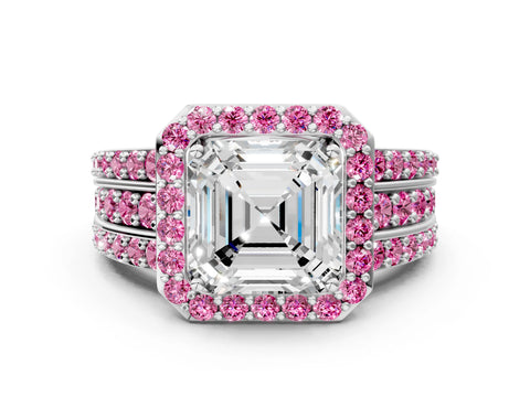White gold Asscher Cut Halo Diamond Ring with Round with Pink Sapphire side stone Split Shank and Prong Setting_42