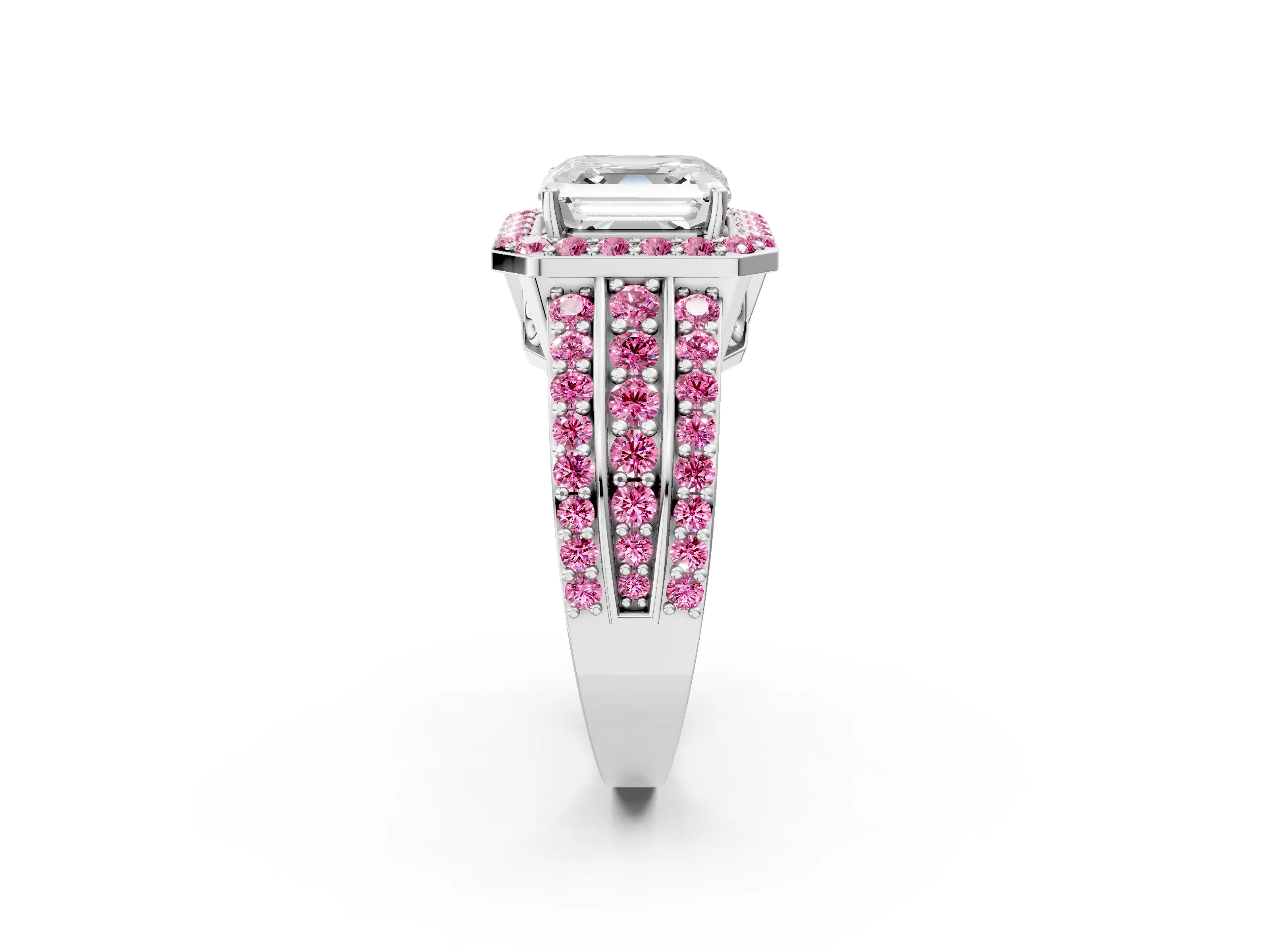White gold Asscher Cut Halo Diamond Ring with Round with Pink Sapphire side stone Split Shank and Prong Setting_44