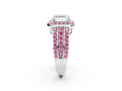 White gold Asscher Cut Halo Diamond Ring with Round with Pink Sapphire side stone Split Shank and Prong Setting_44