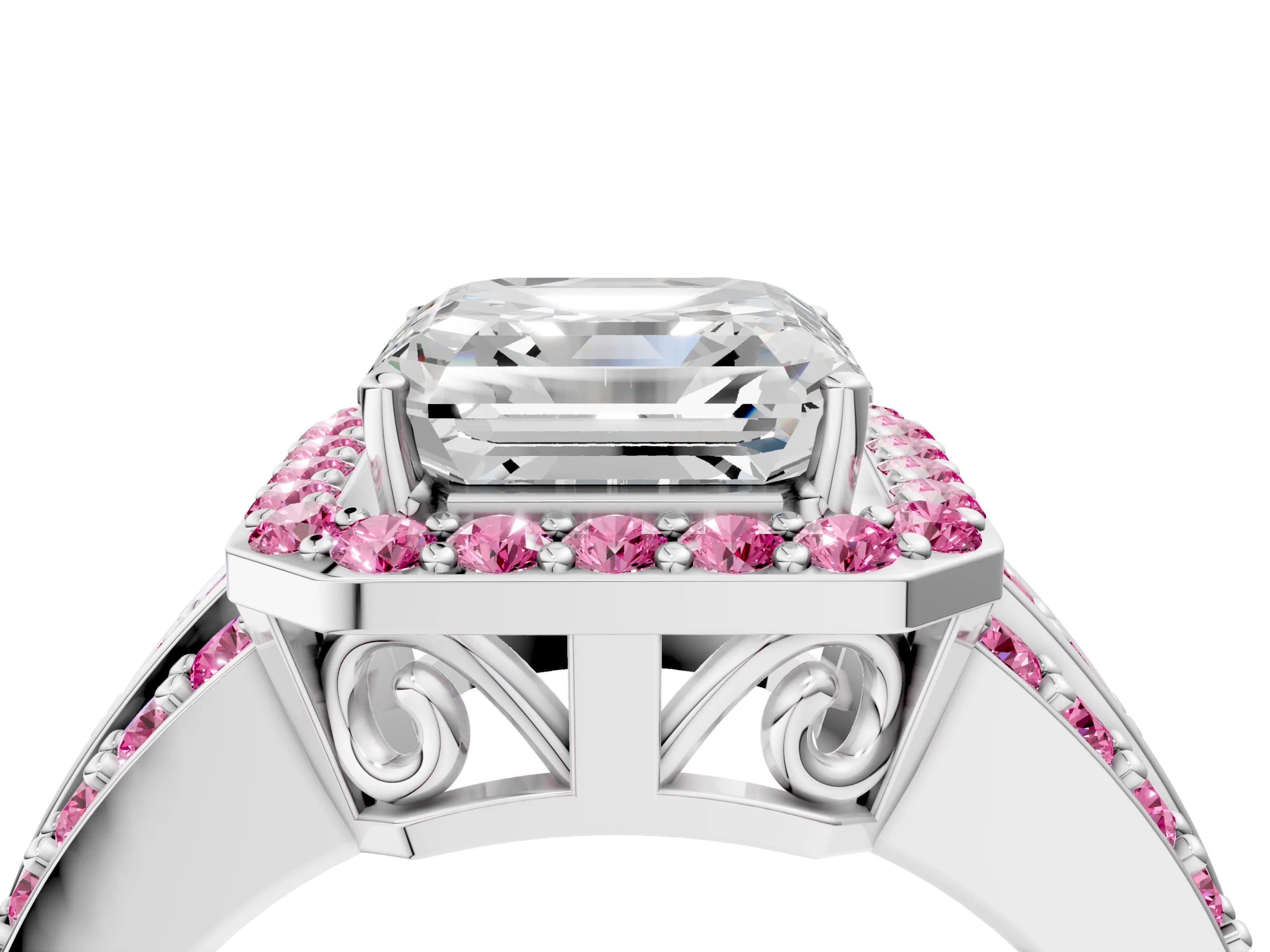 White gold Asscher Cut Halo Diamond Ring with Round with Pink Sapphire side stone Split Shank and Prong Setting_46