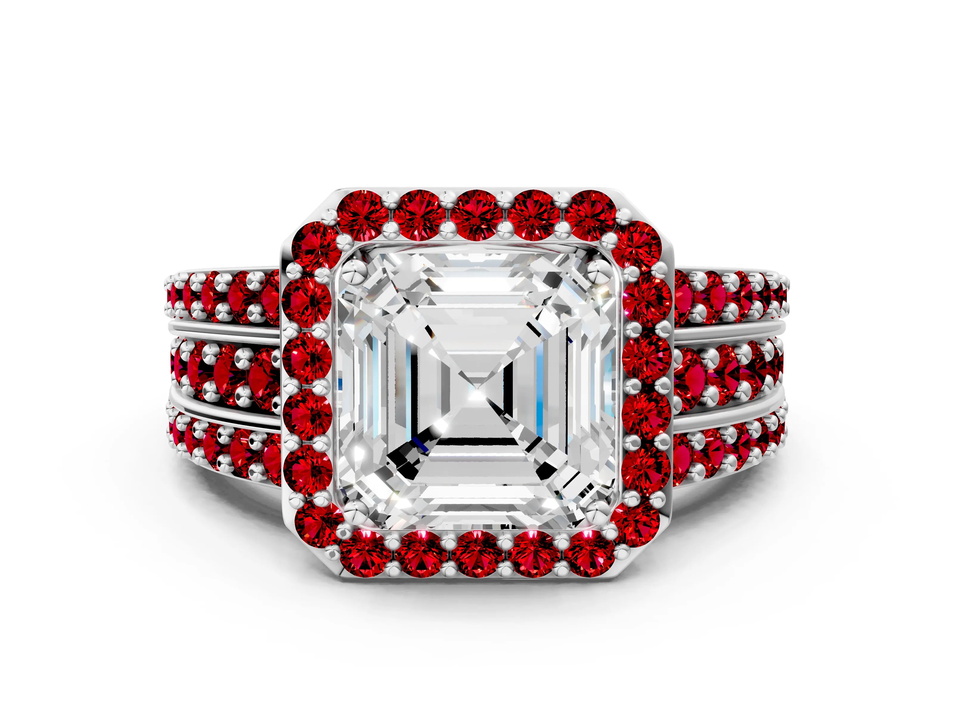 White gold Asscher Cut Halo Diamond Ring with Round with Ruby side stone Split Shank and Prong Setting_36