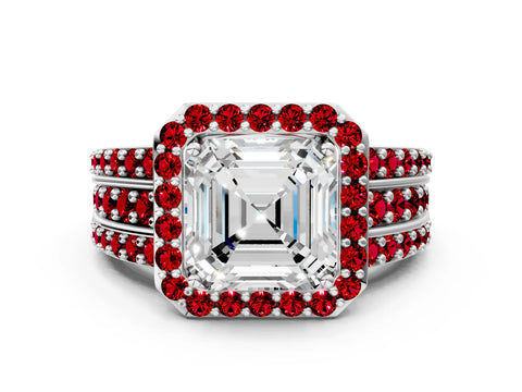 White gold Asscher Cut Halo Diamond Ring with Round with Ruby side stone Split Shank and Prong Setting_36