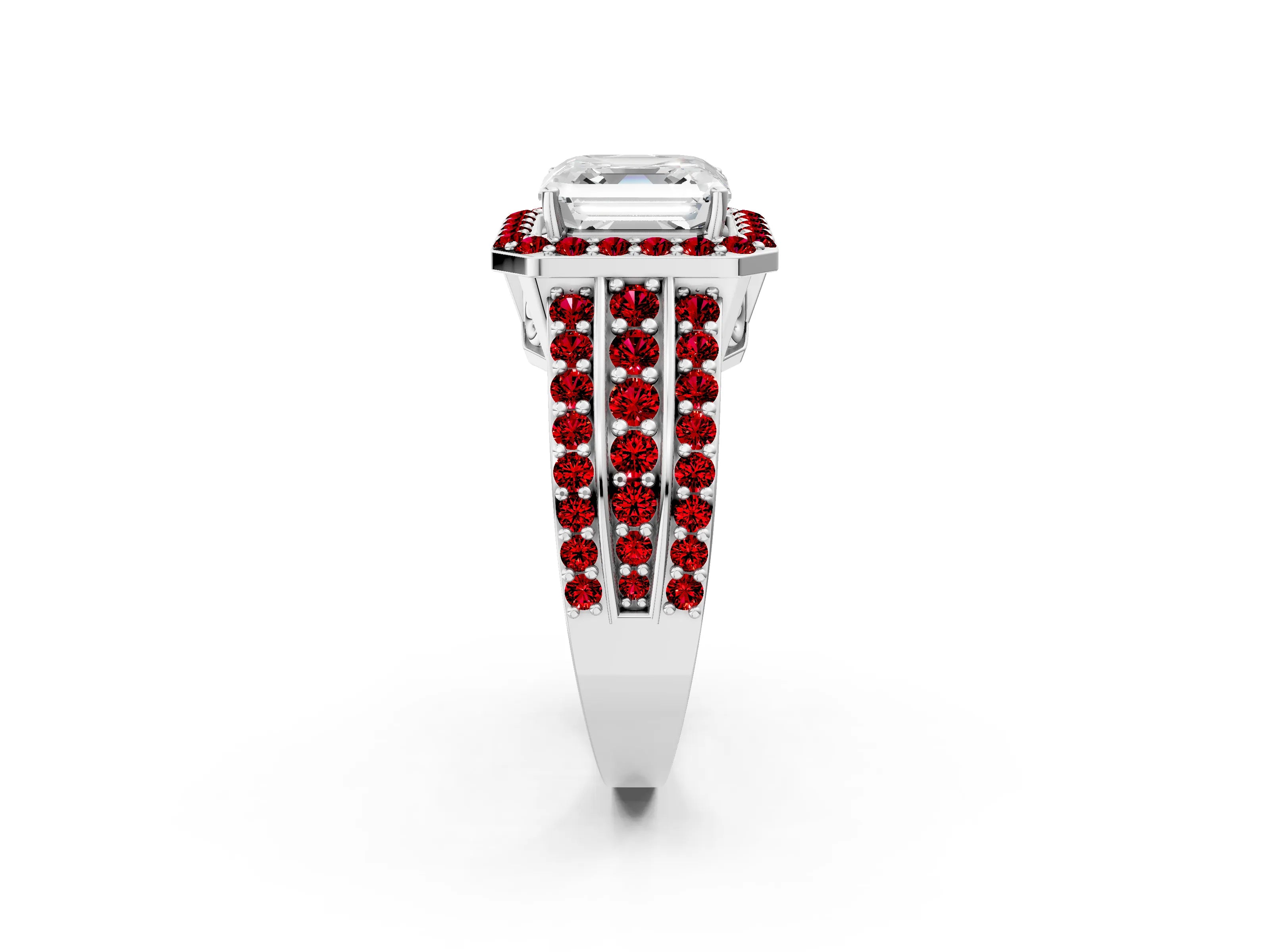 White gold Asscher Cut Halo Diamond Ring with Round with Ruby side stone Split Shank and Prong Setting_38