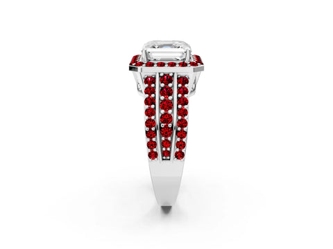 White gold Asscher Cut Halo Diamond Ring with Round with Ruby side stone Split Shank and Prong Setting_38