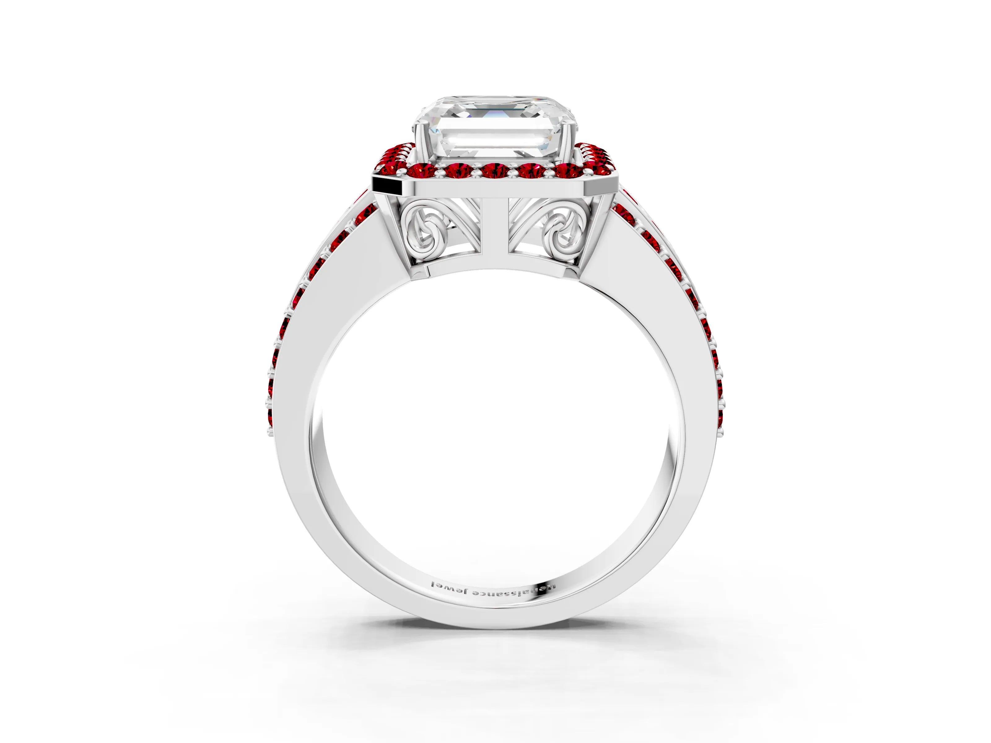 White gold Asscher Cut Halo Diamond Ring with Round with Ruby side stone Split Shank and Prong Setting_39