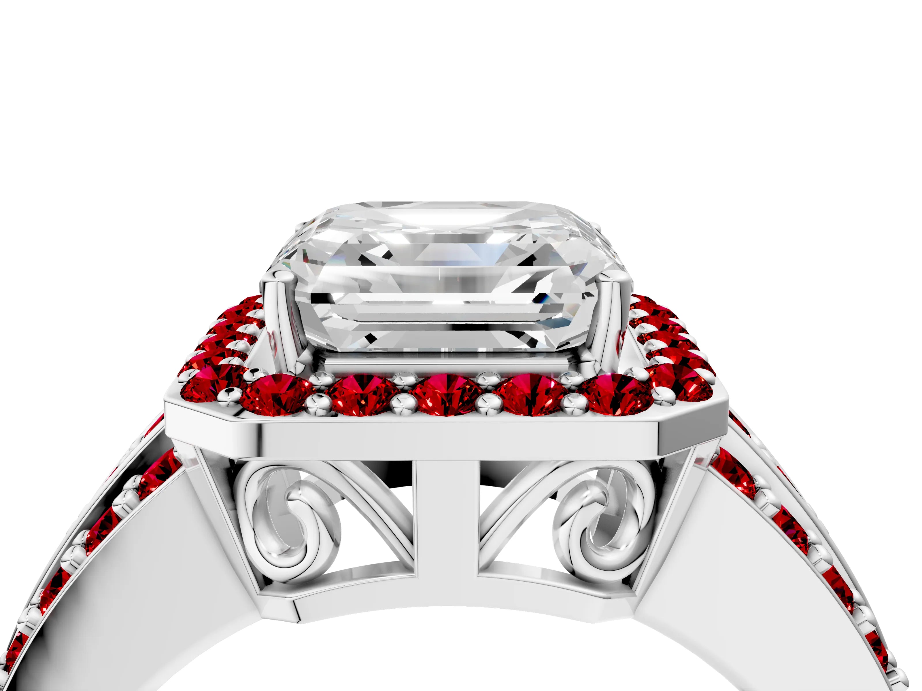 White gold Asscher Cut Halo Diamond Ring with Round with Ruby side stone Split Shank and Prong Setting_40