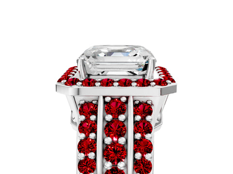 White gold Asscher Cut Halo Diamond Ring with Round with Ruby side stone Split Shank and Prong Setting_41