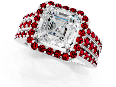 White gold Asscher Cut Halo Diamond Ring with Round with Ruby side stone Split Shank and Prong Setting_49