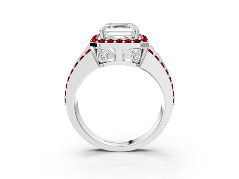White gold Asscher Cut Halo Diamond Ring with Round with Ruby side stone Split Shank and Prong Setting_51